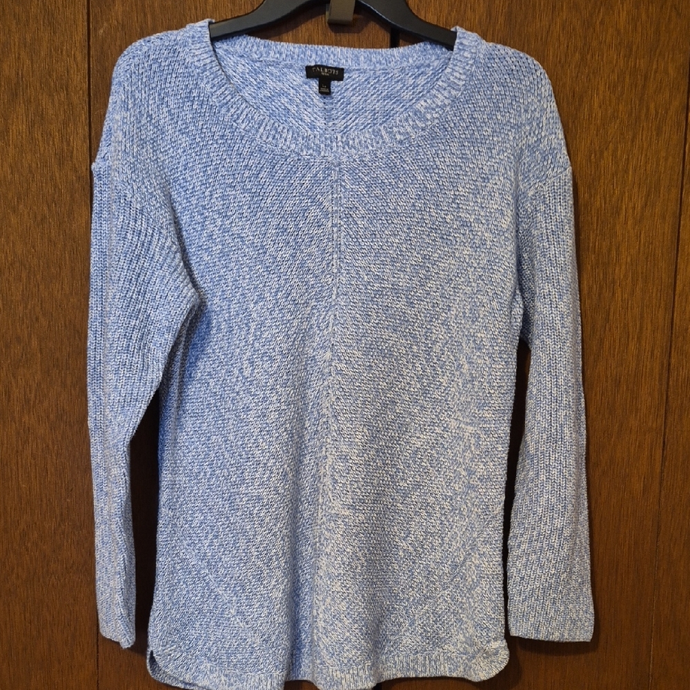 Talbots Womens 100% Cotton Blue Merle Long Sleeve Sweater SZ L